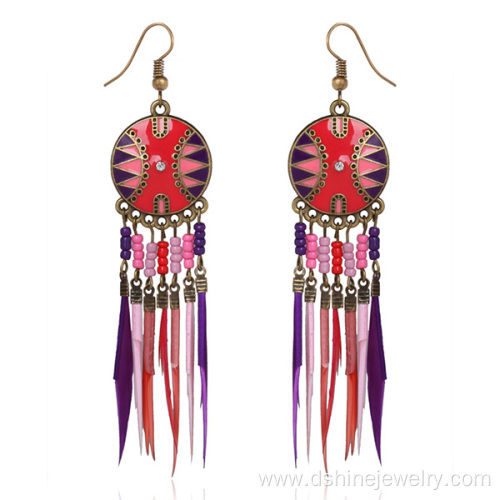 Wholesale Beaded Style Beach Gilded Hoop Feather Earrings